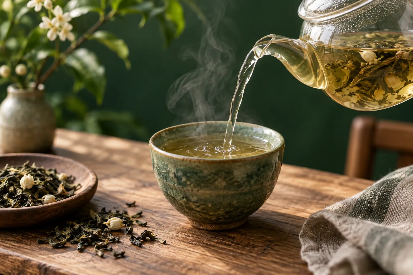 An editorial illustration of herbal tea being poured into a green ceramic cup