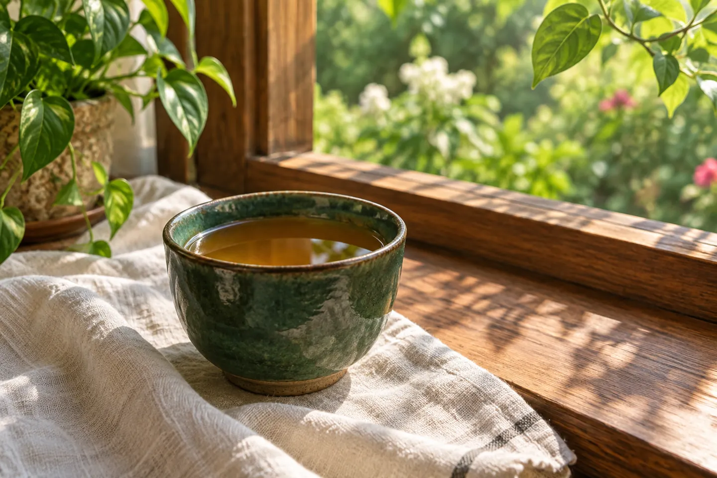 A green ceramic tea cup on an ivory cloth beside a leafy window